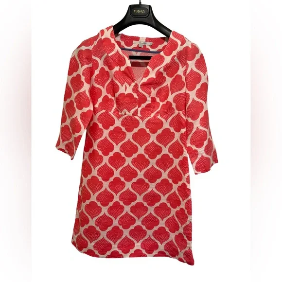 Boden EUC Size 2P Pretty Coral & White 3/4 Length Linen Mini Dress (0554) - Picture 4 of 14